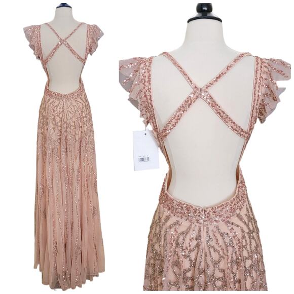 Mac Duggal 5682 14 Apricot Peach Pink Sequin Beaded Embellished Long Gown Dress - Picture 8 of 13